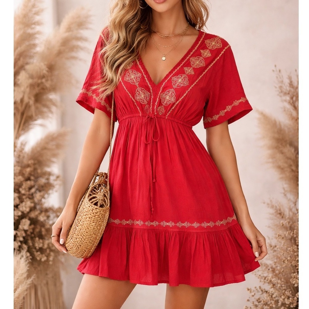 Baevely Red Boho Embroidered Empire Waist Mini Dress V-Neck Flutter Sleeve‎ S F3